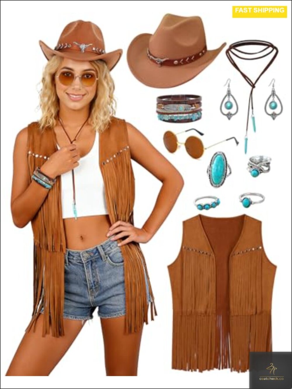 10 Piece Cowgirl Costume Set Women Faux Suede Fringe Vest Cowboy Hat Sunglasses